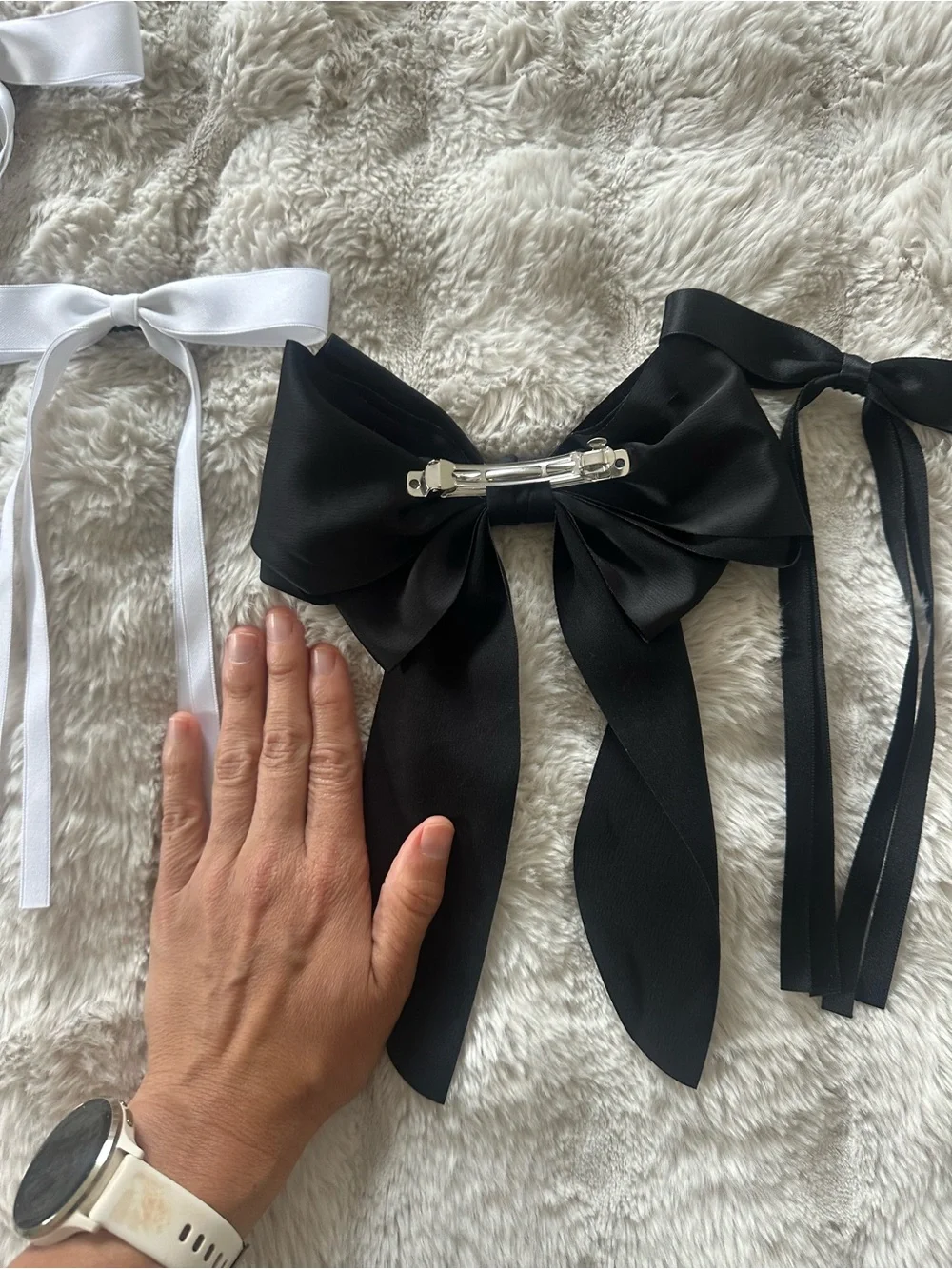 Set of 4 Satin Hair Bows - Black and White Ribbon Set